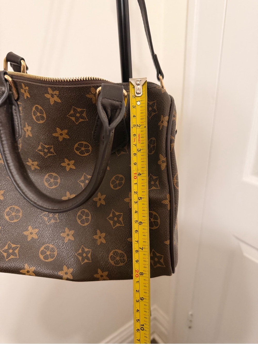 Brown Monogram-Style Top-Handle Satchel with Adjustable Strap - Picture 6 of 6